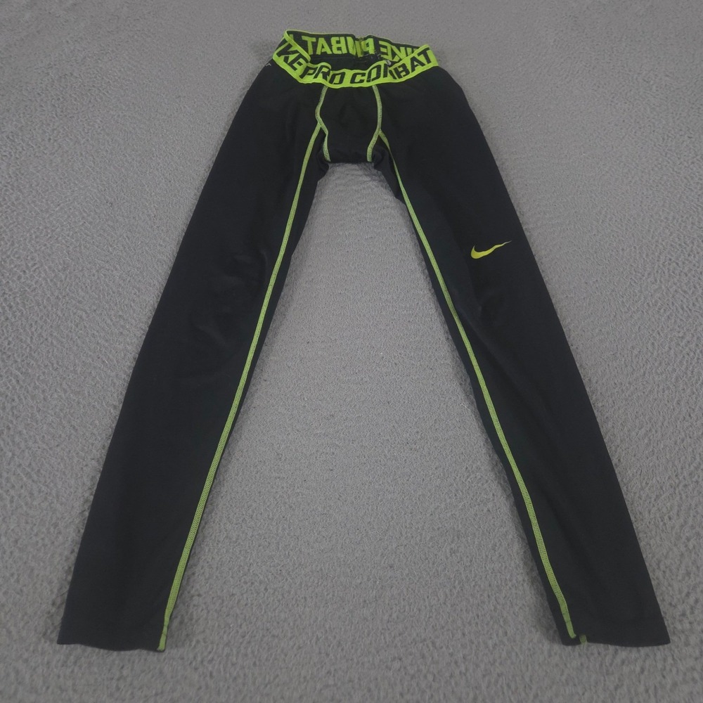 Nike Pants Mens Small Black Pro Combat Compression Skinny Leg Volt Green Accents
